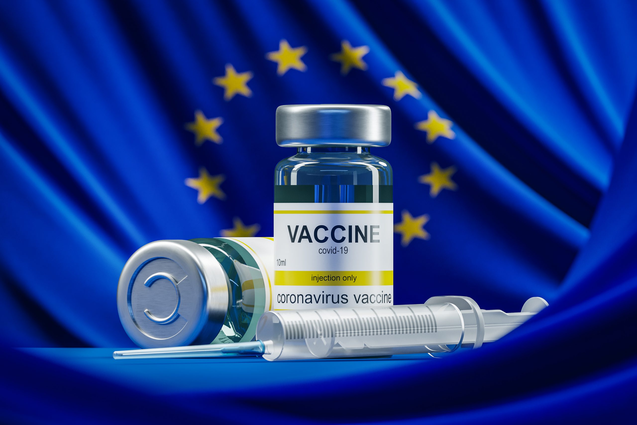 Covid 19 coronavirus vaccine over European Union flag background. Concept of medicine. 3d rendering