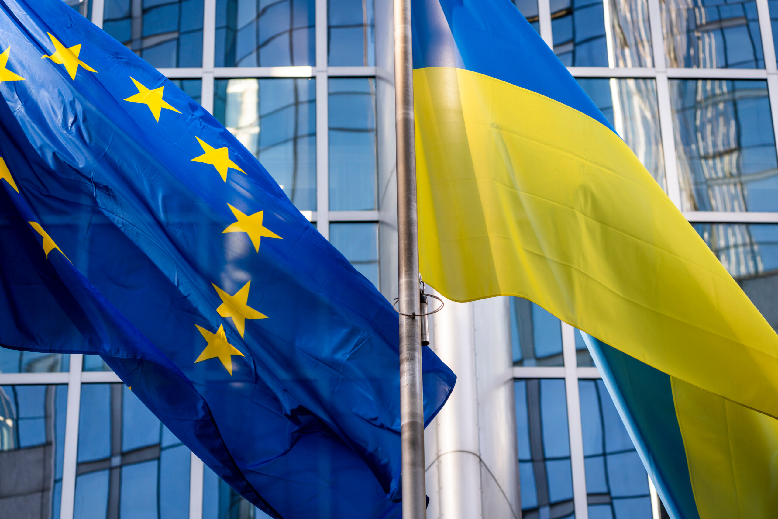 Ukrainian Flag is raised at the EP building in Brussels.