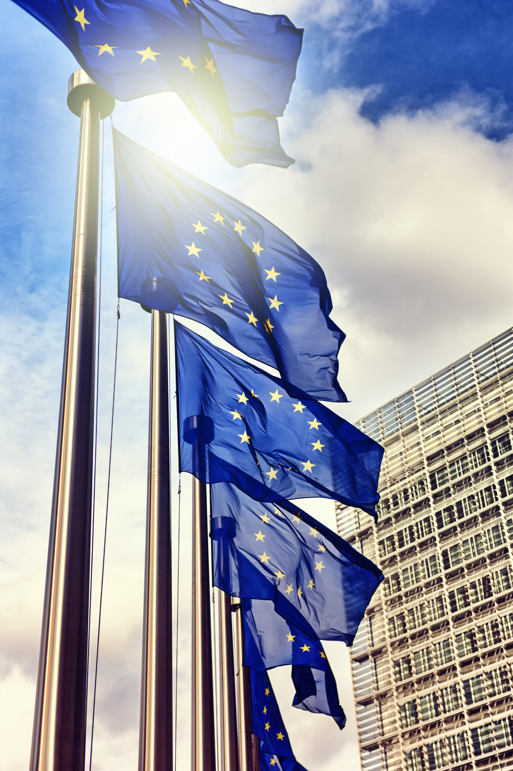 European Union flags on blue sky background